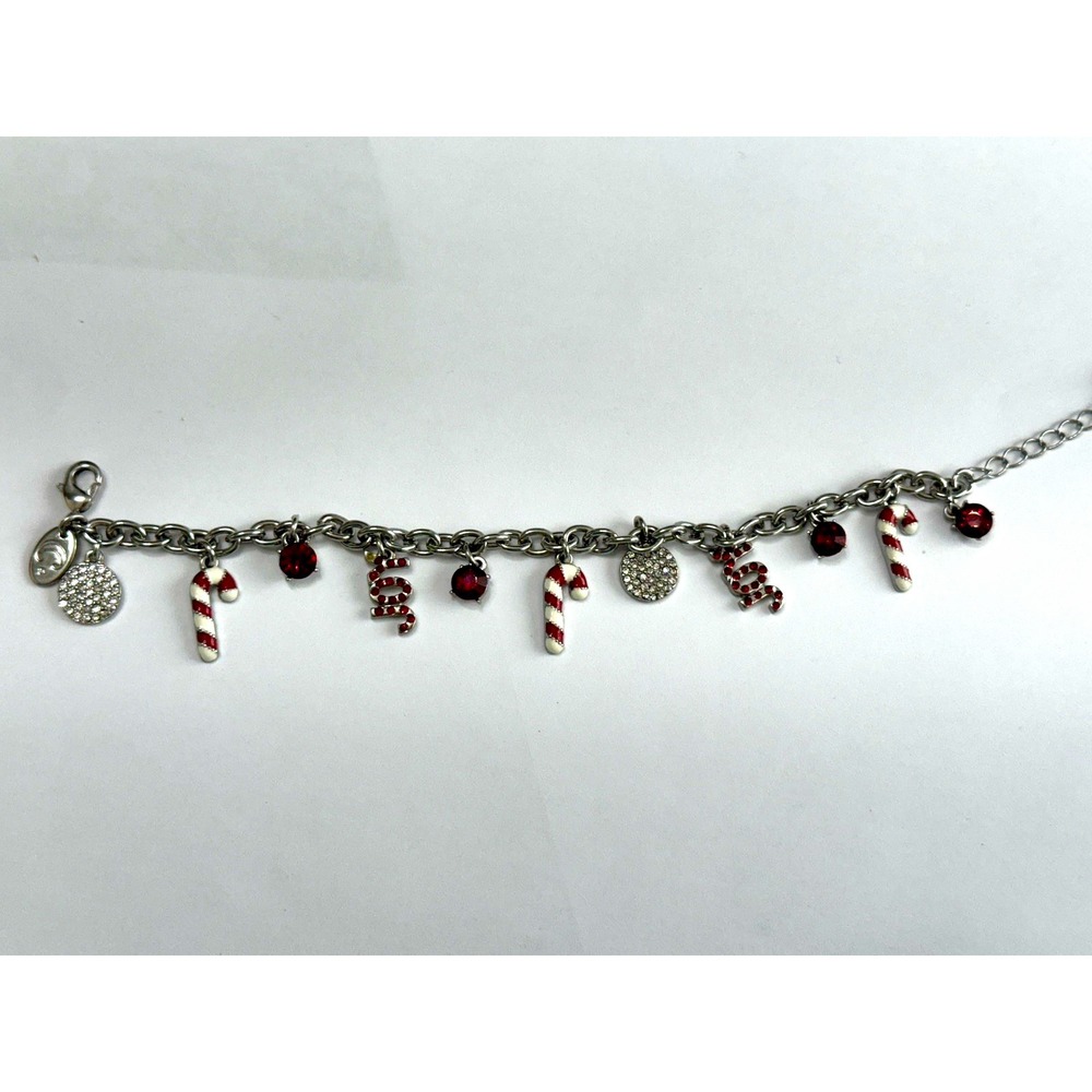 Christmas Silver Tone Charm Bracelet Candy Cane JOY Red Rhinestones